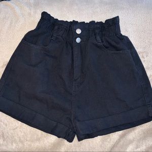 Black Denim High Waisted Paperbag Shorts